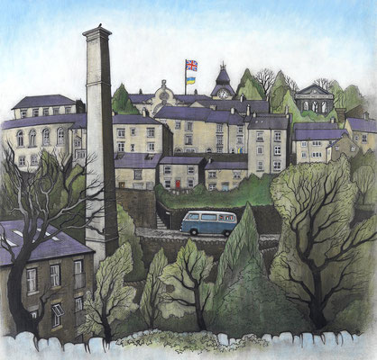 'New Mills Spring '22' (Indian ink, charcoal and acrylic wash)