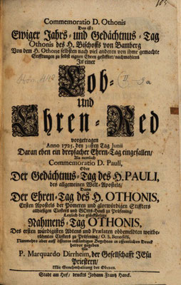 Festpredigt zum Gedenktag des hl. Otto in Prüfening (BSB M: Res./2 Hom.442.II.9 a, Titelblatt).