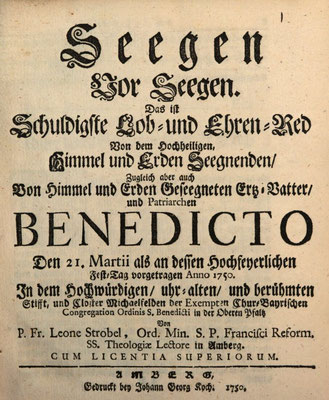 Titelseite einer Benediktspredigt, gehalten 1750 in Michelfeld. 