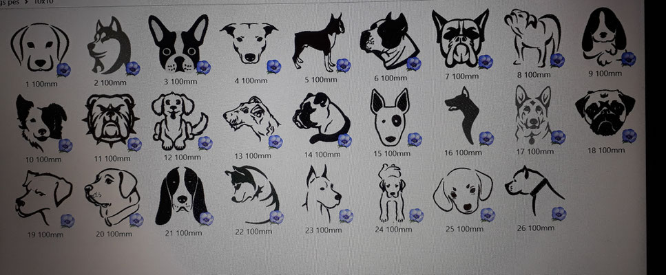 Eine Auswahl an Stickmotiven zum Thema Hund.  