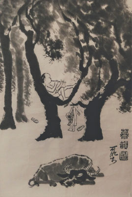 Boy in the trees  with the flute and the water buffalo is relaxing"by Prof.Kuang Xu (1940 - 1999) 46x68(h)cm ink on paper  1.400,00€  i