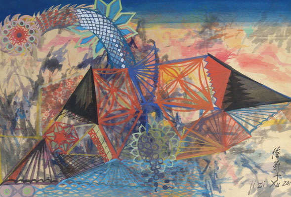 "The great storm" by Ji Xu (1963-2014) ink and colours on wood 42 x 59,5cm price 1800,00€ / This is one of the latest artworks of JI XU . In 2011 she created a serie of works on wood.