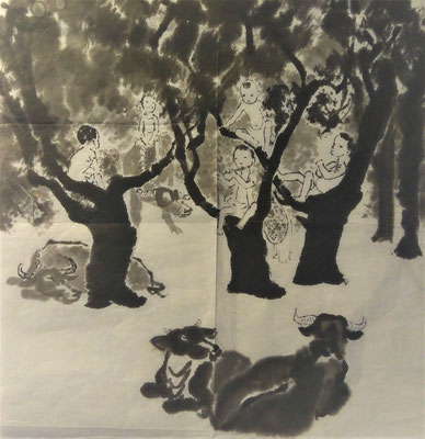 5 Boys  with 4 water buffalo  by Prof.Kuang Xu (1940 - 1999) 67x69cm ink on paper 2.000,00€ (unsigned)