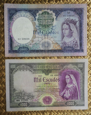 Portugal 1000 escudos 1956 vs. 1000 escudos 1961 -Philippa de Lancaster anversos