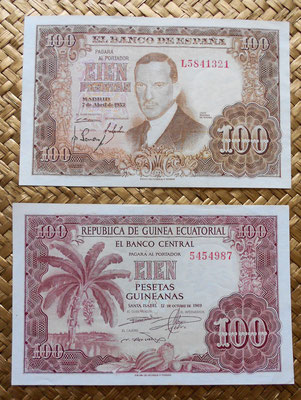 España 100 pesetas 1953 vs Guinea Española 100 pesetas 1969 anverso