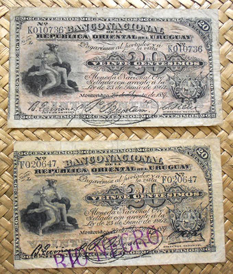 Uruguay 1887 20 centesimos oro sellado vs. resello Rio Negro anverso