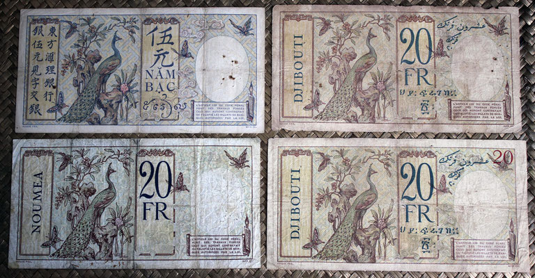 Indochina francesa 20 francos Djibouti 1926-1938 vs. 20 francos Nueva Caledonia 1929 vs. 5 piastras Indochina 1926 reversos