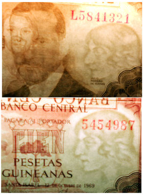 España 100 pesetas 1953 vs Guinea Española 100 pesetas 1969 marcas de agua