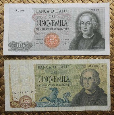 Italia 5000 liras 1964 vs. 5000 liras 1973 -Cristobal Colon anversos