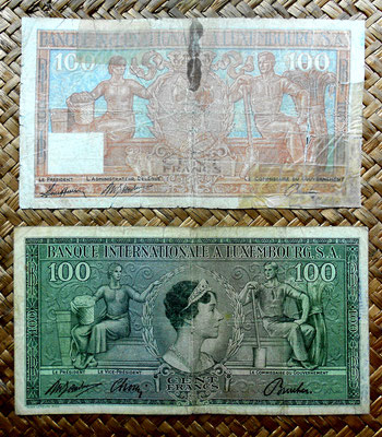 Luxemburgo 100 francos 1947 vs. 100 francos 1956 anversos
