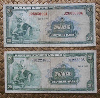 Alemania RFA 20 mark 1948 ocup. aliada WWII vs. 20 mark 1949 Bank Deutscher Lander anversos