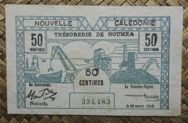 Nueva Caledonia 50 céntimos 1943 Bono -Tesoro de Noumea (114x70mm) pk.54 anverso