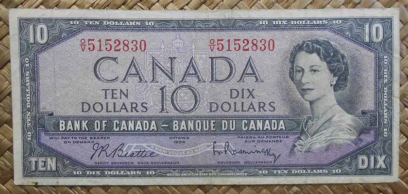 Canada 10 dollars 1954 (152x70mm) pk.79b anverso