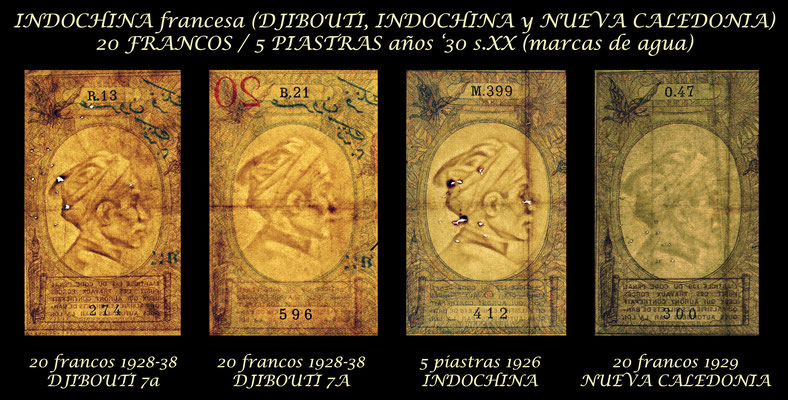 Indochina francesa 20 francos Djibouti 1926-1938 vs. 20 francos Nueva Caledonia 1929 vs. 5 piastras Indochina 1926 marcas de agua