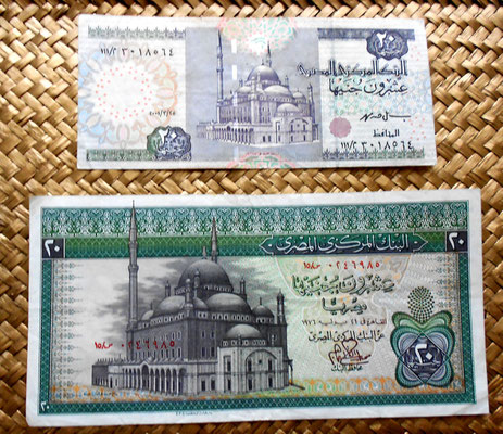 Egipto 20 pounds 1976 vs. 20 pounds 1988 anverso