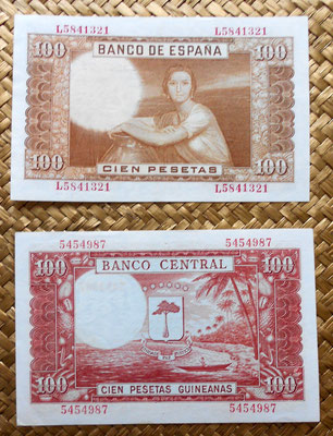 España 100 pesetas 1953 vs Guinea Española 100 pesetas 1969 reverso