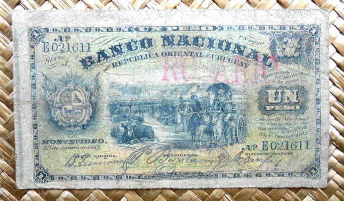 Uruguay 1 peso 1887 resello Rosario anverso