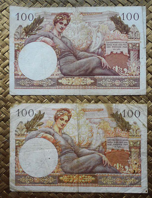 Francia 100 francos 1947 Trésor Francais vs. 1955 Trésor Public reverso