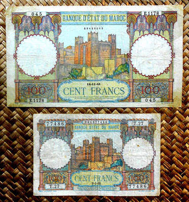 Marruecos colonial 100 francos 1941 vs. 100 francos 1950 anversos