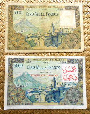 Marruecos 5000 francos 1953 vs resello 50 dirhams anverso