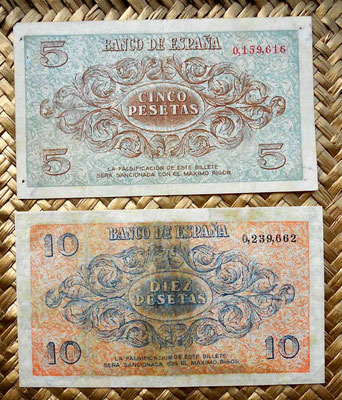 España Junta de Defensa Burgos 1936 5 pesetas vs. 10 pesetas reversos