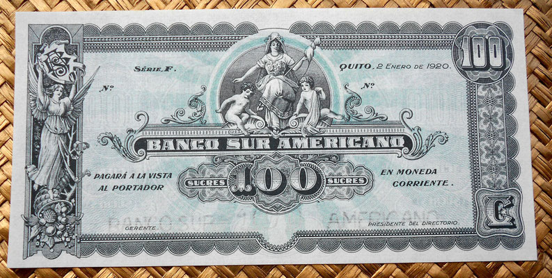 Ecuador 100 sucres 1920 Banco Sur Americano (175x88mm) pk.S254 anverso