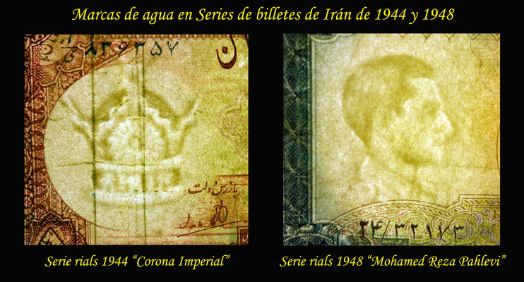 Iran rials series 1944 y 1948 marcas de agua