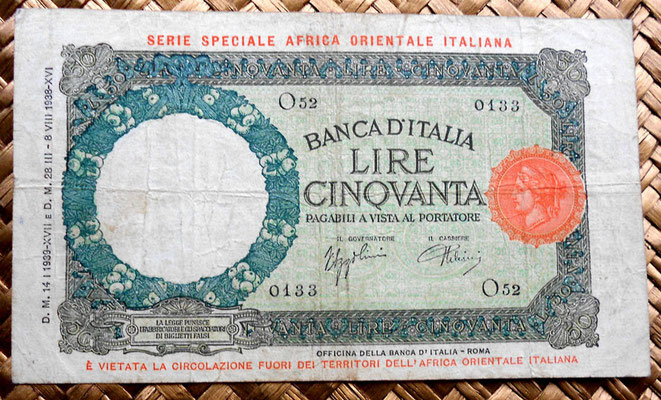 Italia AOI 50 liras 1938 anverso