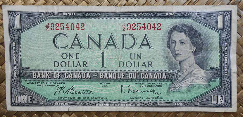 Canada 1 dollar 1954 (152x70mm) pk.74b anverso