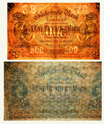 Alemania Sachsische Bank 500 marcos 1890 vs. 1922 marcas de agua