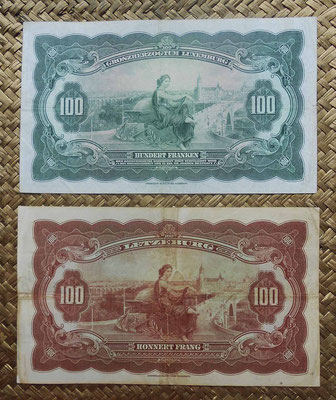 Luxemburgo 100 francos 1934 vs. 100 francos 1944 reversos