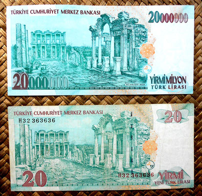 Turquía, 20.000.000 liras de 1988 vs. 20 liras de 1992 reversos