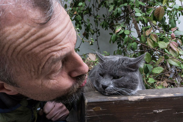 Die Katze ist völlig unbeeindruckt vom Herrn Papa.