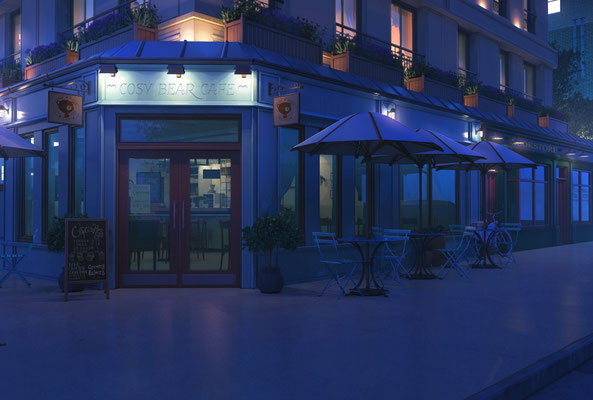 Cosy Bear Café außen bei Nacht 