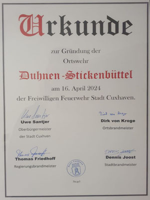 Die historische Urkunde © FF.Duhnen-Stickenbüttel