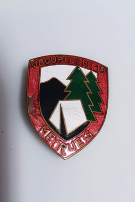 insigne chantier de la jeunesse groupement 19 Meyrueis. eclat d'emaille dos lisse arthus bertrand paris deposé .prix : 30 euros 