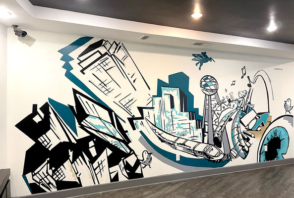 Comic Abstract Modern Dallas Skyline Mural Arts Apartments Dallas Texas