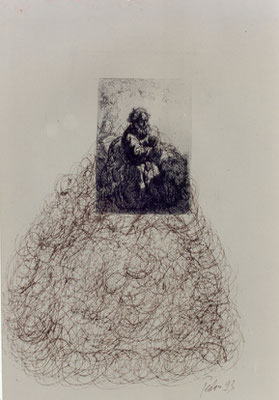 Anmerkungen zu Rembrandt – Federzeichnungen, chinesische Sepia-Tusche über antiken Rembrandt Radierungen – Kunstmuseum Olten 1994 – Solo-Ausstellung von Pedro Meier Multimedia Artist – Konzept: Peter Killer Konservator – © Pedro Meier Niederbipp  Nr. 02