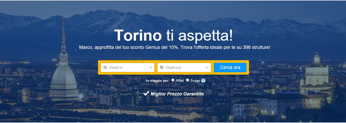 Homepage di Booking, sezione Torino
