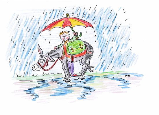 Es kommt ein heftiges Gewitter auf und dein Esel soll nicht nass werden. Du wartest mit ihm geschützt unter einem Regenschirm und darfst erst weiter gehen, wenn du eine 1, 3 oder 5 gewürfelt hast. 