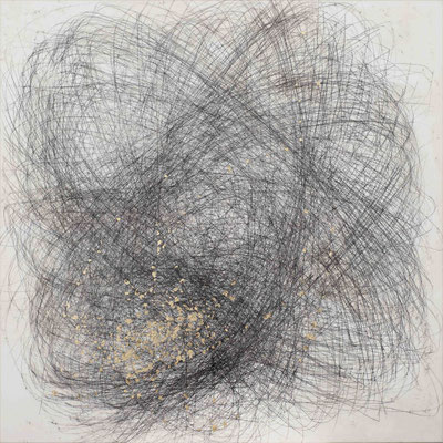 Linie schwarz IV Monotypie auf Nessel, Schlagmetall, 90 x 90 cm, 2016