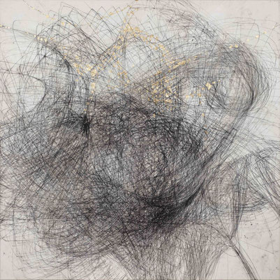 Linie schwarz VII Monotypie auf Nessel, Schlagmetall 90 x 90 cm, 2017