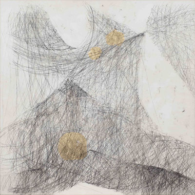 Linie schwarz V  Monotypie auf Nessel, Schlagmetall, 90 x 90 cm, 2016