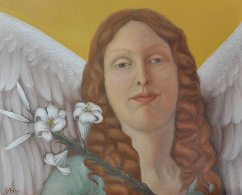 Engel mit Lilie, Öl auf Leinwand, 50 x 40 cm, 2022
