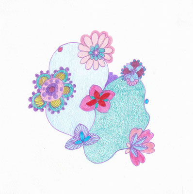 174 - Blütenverbindung, Buntstift und Filzstift auf Papier, 14 x 14 cm, 2022