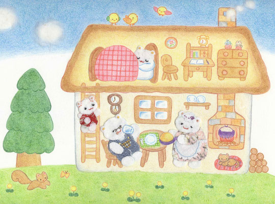 「くまちゃんのおうち」展覧会作品／2017年（色鉛筆・布）