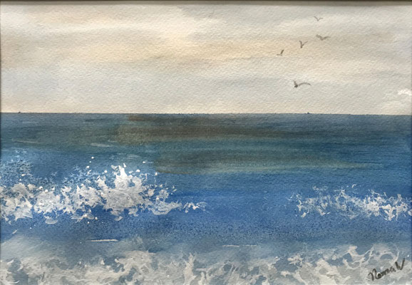 Seascape With Birds, watercolour 28.5x20cm in 12x16in off white mount £35