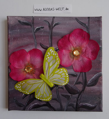 Schmetterlingsblumen, 20x20 cm Leinwand, Acryl, Schmetterling und Blütenblätter (verschenkt)