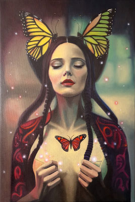 Die Magie der Verwandlung, 40x60cm, 2024, Wie die Raupe zum Schmetterling wird: Manchmal beginnt Neues erst, wenn wir Altes loslassen.