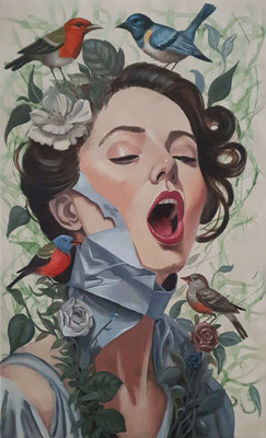 Wie ein kleiner Vogel, 38x62cm, 2024, Ein Bild für Selbstermächtigung, es erinnert uns daran, die eigene Stimme nicht länger zu verschweigen.